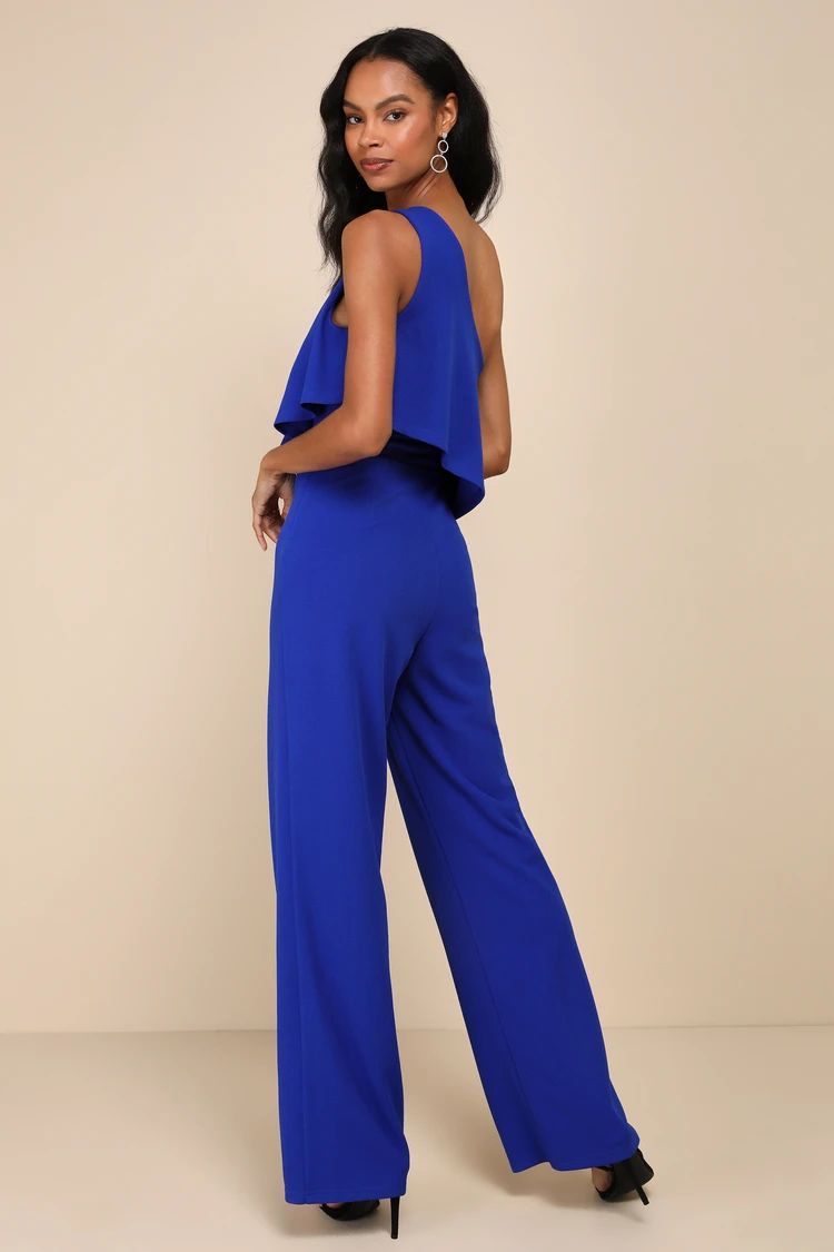 Flawless Vibes Royal Blue One-Shoulder Tiered Wide-Leg Jumpsuit | Lulus