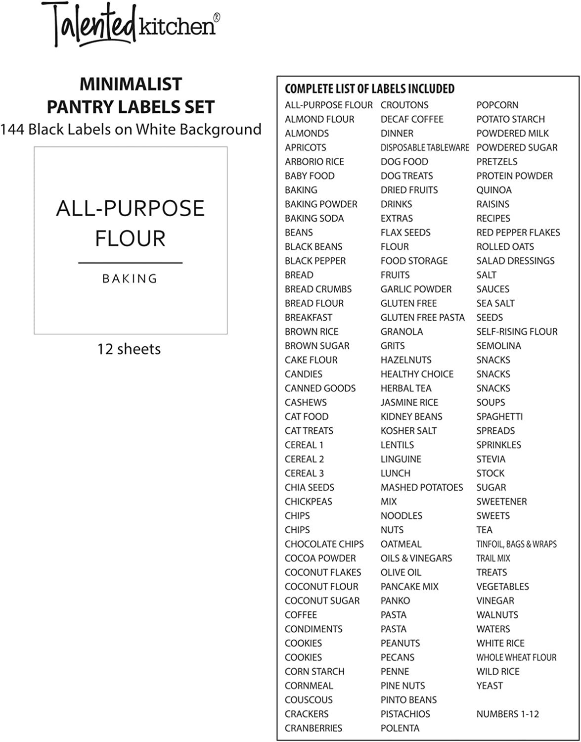 Talented Kitchen 144 Fine Line Pantry Organization Labels for Food Storage Containers, Preprinted... | Amazon (US)