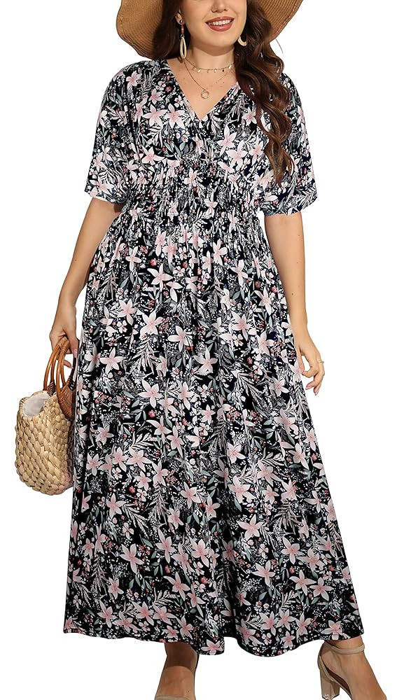 OSTOO Women's Plus Size Hawaii Empire Waist Bat Short Sleeve Casual Floral Print Boho Maxi Dress | Amazon (US)