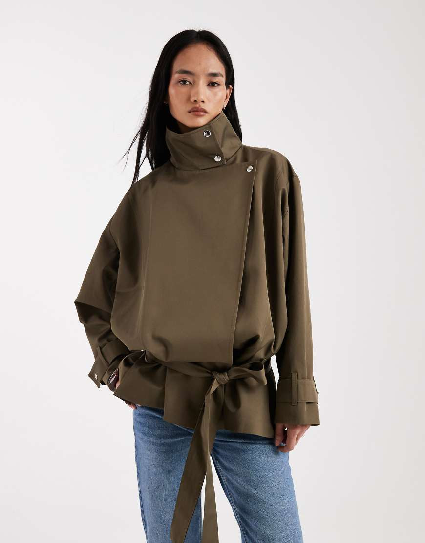 ASOS DESIGN funnel neck dropped waist jacket in beige-Green | ASOS (Global)