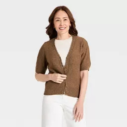 Women's Short Sleeve Heirloom V-Neck Cardigan Sweater - Universal Thread\u2122 Brown M | Target
