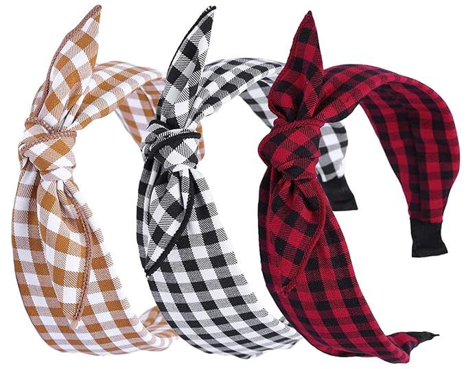 3 Pack Womens Vintage Plaid Headbands Headwraps Hair Band with Bow | Amazon (US)