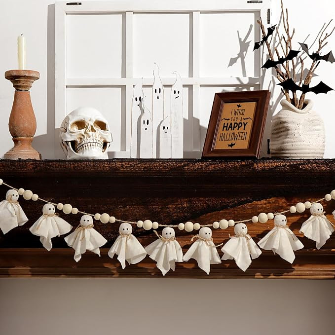 7Ft Cute Halloween Ghost with Wooden Beads Garlands, Handmade Rustic Halloween Banner for Wall Ho... | Amazon (US)