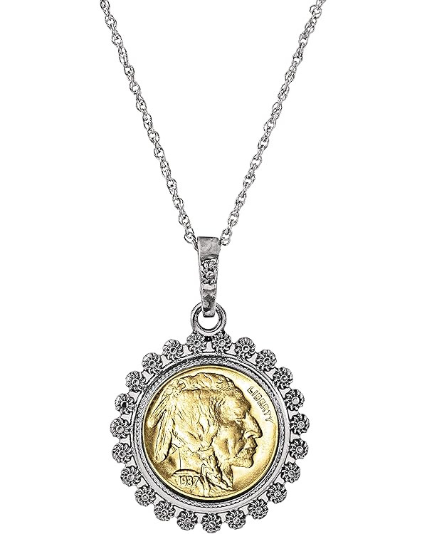 American Coin Treasures Gold Layered Buffalo Nickel Silvertone Blossom Pendant Necklace | Amazon (US)