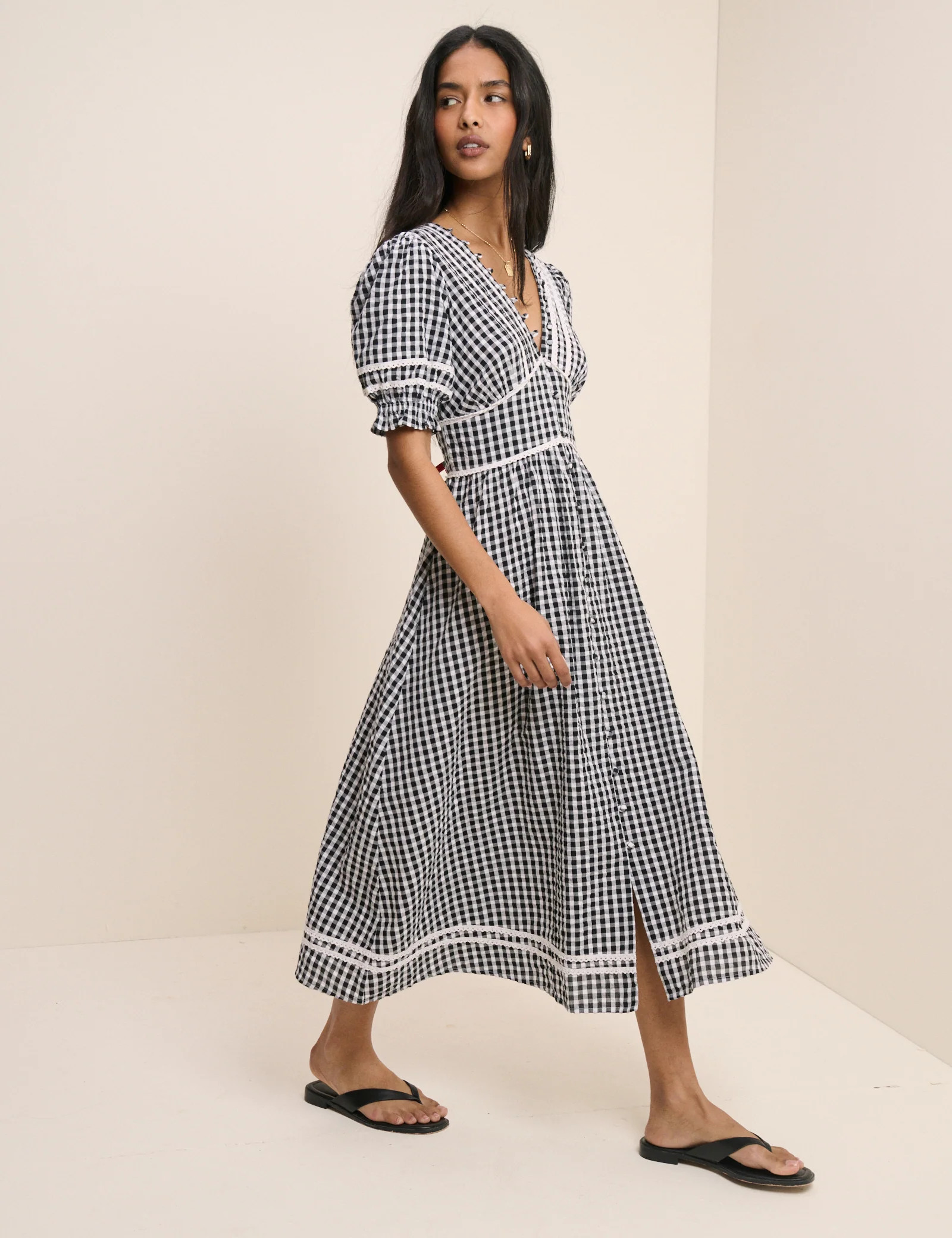 Black Gingham Puff Sleeve Saffy Midi Dress | Nobody's Child