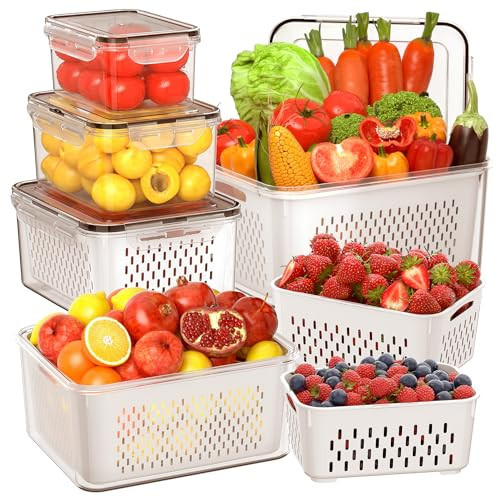 5 PCS Large Fruit Storage Containers for Fridge with Removable Colanders, Airtight Food Storage Containers with 5 Lids, 4 in 1 Produce Containers Keep Berry Fruits Vegetable Food Meat Fresh Longer | Amazon (US)