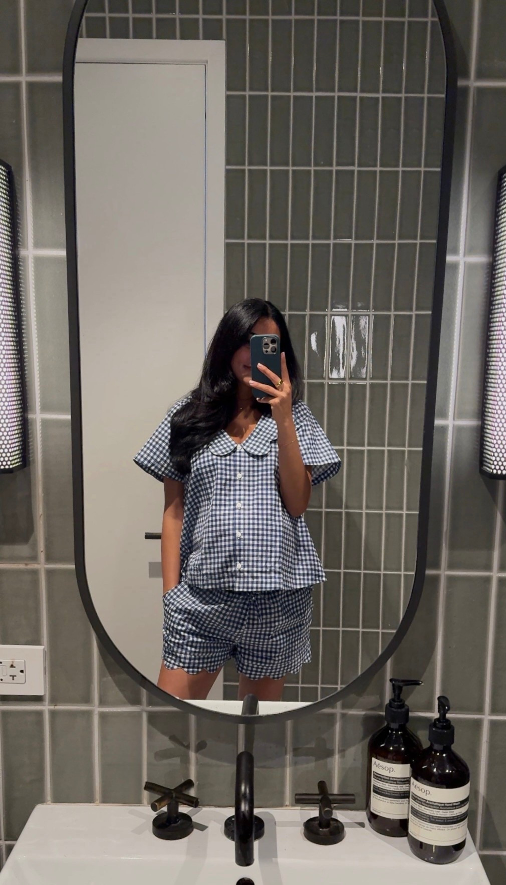 The comfiest and cutest gingham pajamas. Wearing a size small, love the oversized fit. 