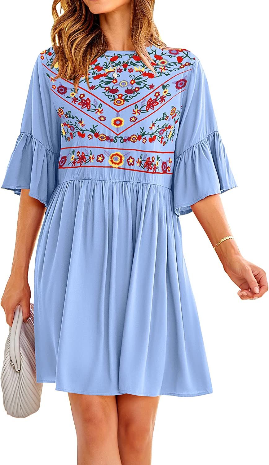 KIRUNDO 2023 Summer Women Bell Sleeve Floral Embroidered Mini Babydoll Dress Boho Casual Round Ne... | Amazon (US)