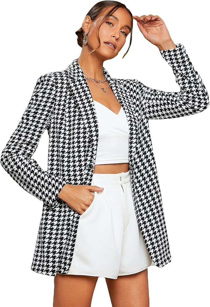 WDIRARA Women's Houndstooth Button Front Blazer Long Sleeve Jacket Elegant Outerwear | Amazon (US)