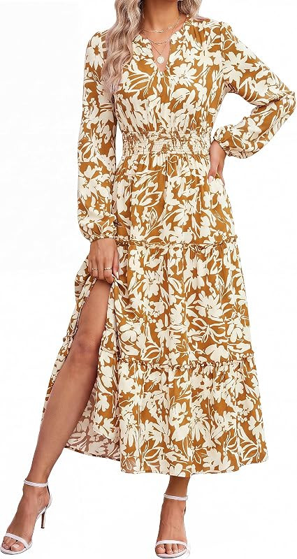 GRACE KARIN Women's Floral Maxi Dress 2026 Fall Long Sleeve V Neck Empire Waist A Line Flowy Dres... | Amazon (US)