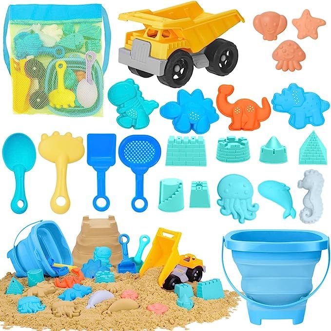 Beach Sand Toys for Kids - 23Pcs Collapsible Sand Bucket and Shovels Rake Set with Mesh Bag, Dump... | Amazon (US)