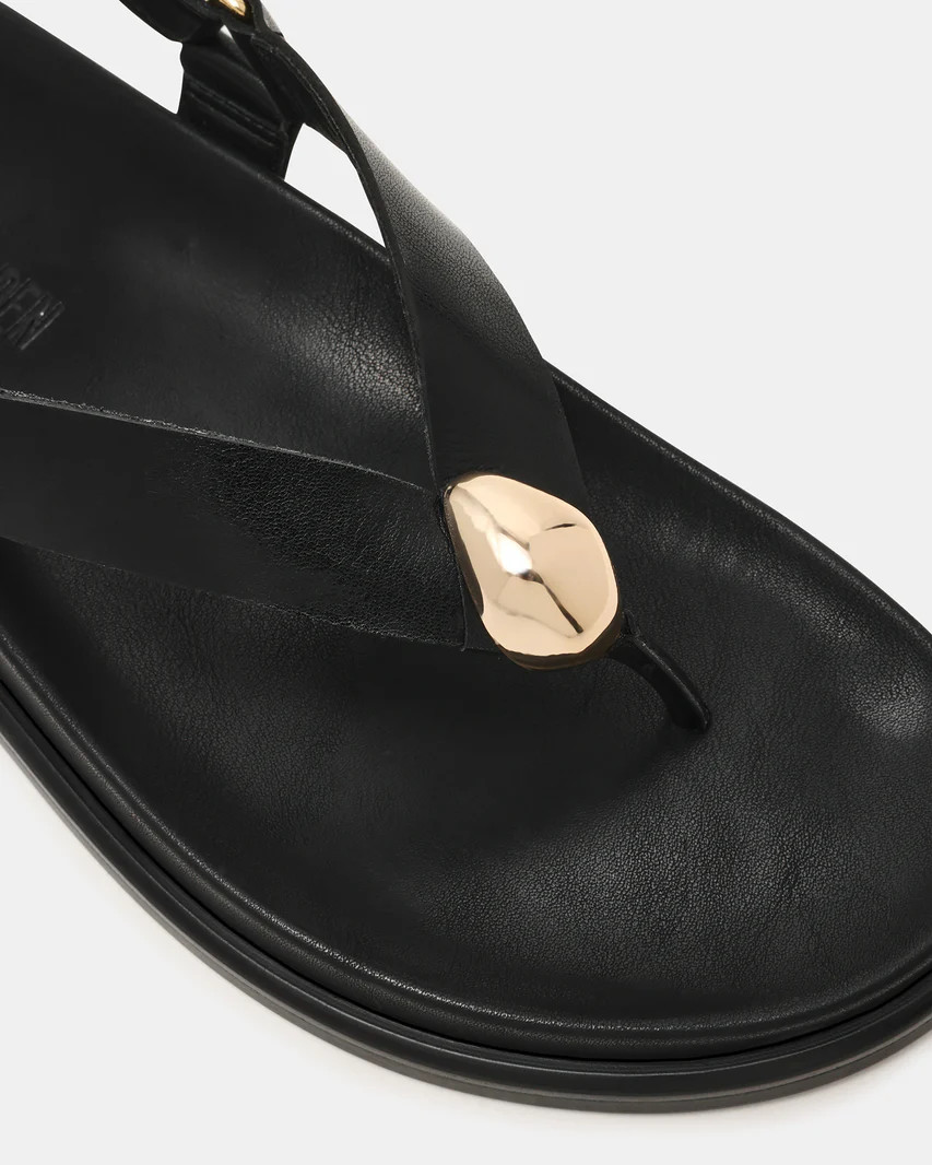 ELVIA Black Leather Thong Gold-Detail Slingback Footbed Women's Sandal | Steve Madden (US)