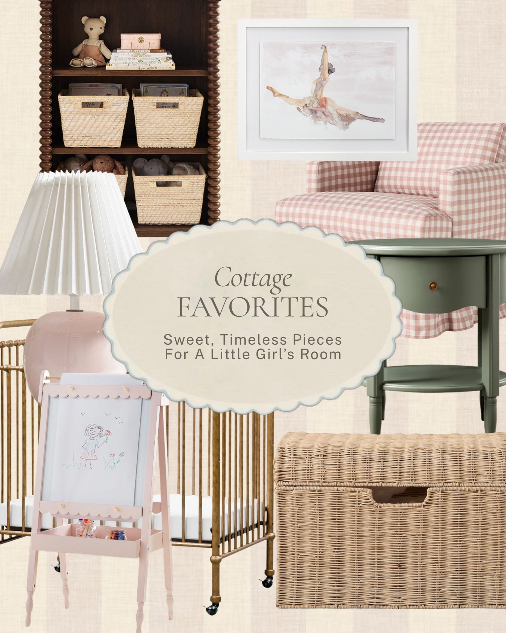 Sweet, timeless pieces for a little girl's room. A pleated pink lamp, a soft green side table, gingham upholstery, and a wicker toy chest for all the little essentials, a room built to grow with her instead of getting outgrown in a year.

All linked here 🤍 #LTKhome