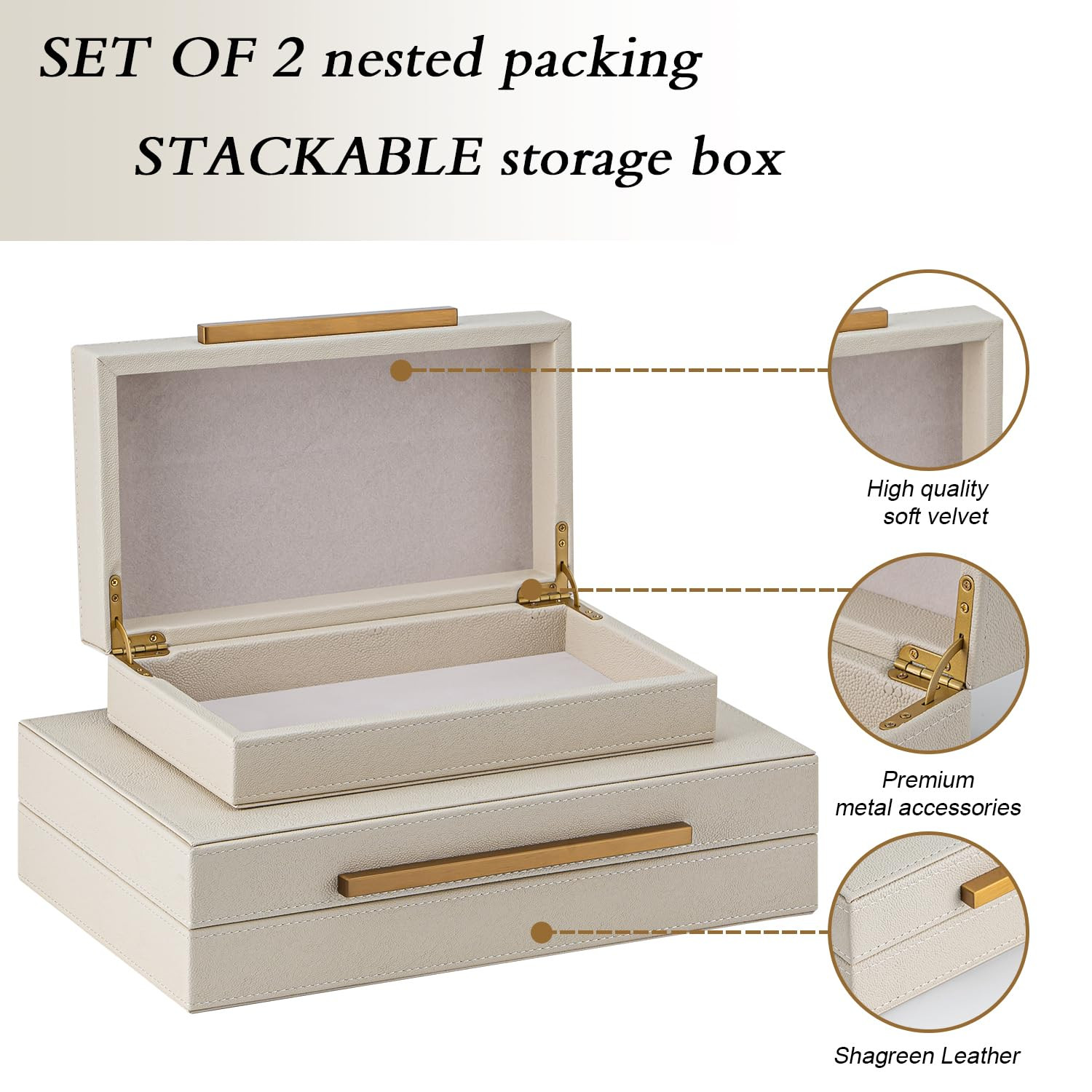 Set of 2 Beige Shagreen Decorative Storage Boxes with Gold Metal Handles – Faux Leather Jewelry... | Amazon (US)