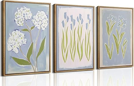3Pcs Blue Green Tulip Hydrangea Flower Wall Art Flowers Plant Aesthetics Painting Picture Decor E... | Amazon (US)
