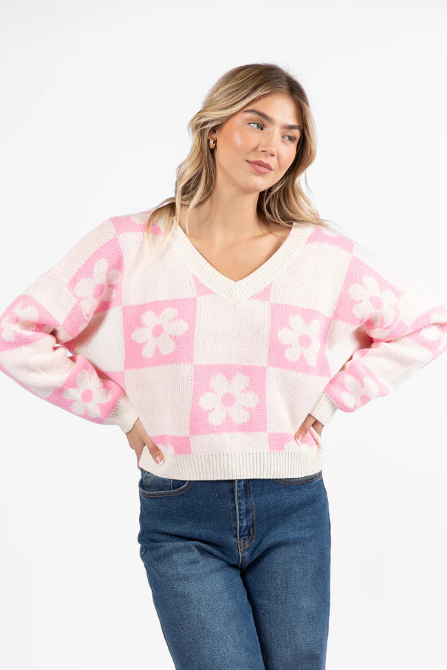 Found A New Way Pink V-Neck Checkered Flower Sweater FINAL SALE | Pink Lily