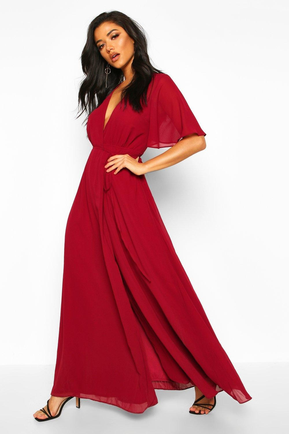 Womens Chiffon Angel Sleeve Wrap Maxi Bridesmaid Dress - Red - 14 | Boohoo.com (US & CA)