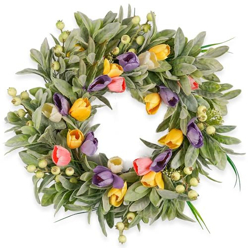 HomeKaren Tulip Spring Wreaths for Front Door 22 Inch, All Season Floral Wreath for Outdoor Indoor Flower, Easter Door Wreath for Spring Summer Easter Home Decor | Amazon (US)