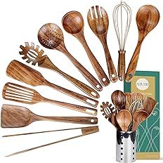 Kitchen Utenails Set with Holder,Kitchen Wooden Utensils for Cooking, Wood Utensil Natural Teak W... | Amazon (US)