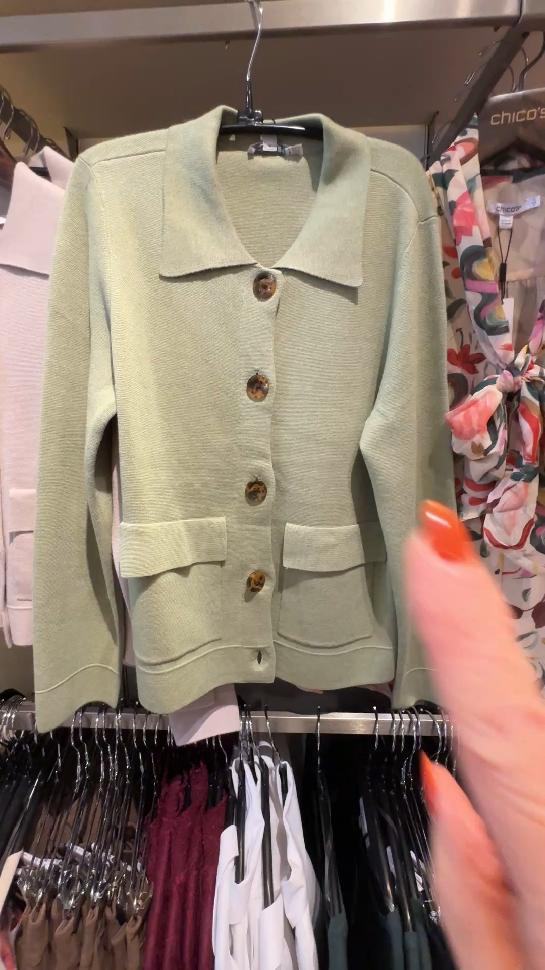  Button front cardigan jacket 
Floral jacquard tie front bow blouse
I wear a size 0 in Chico’s unique sizing.
5’7” 132#’s
Workwear, versatile cardigan, sage or Smokey taupe