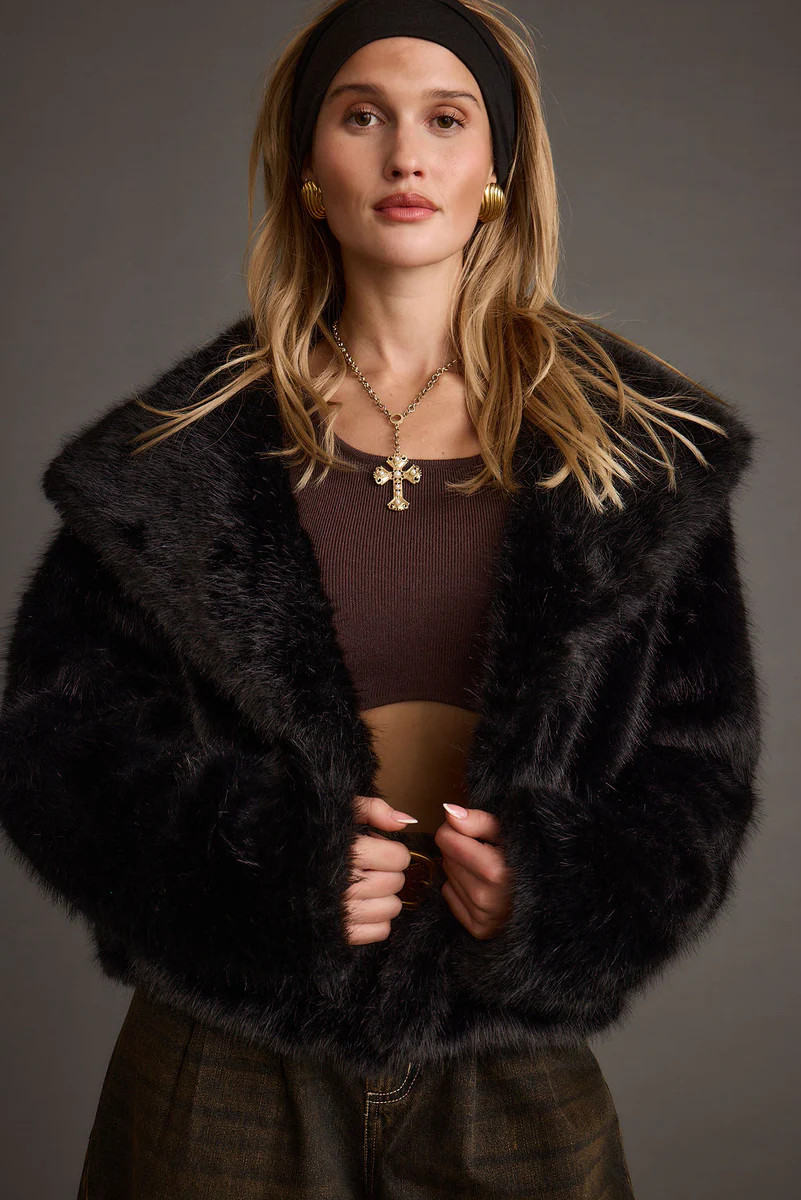 Brielle Black Faux Fur Cropped Jacket | 12th Tribe
