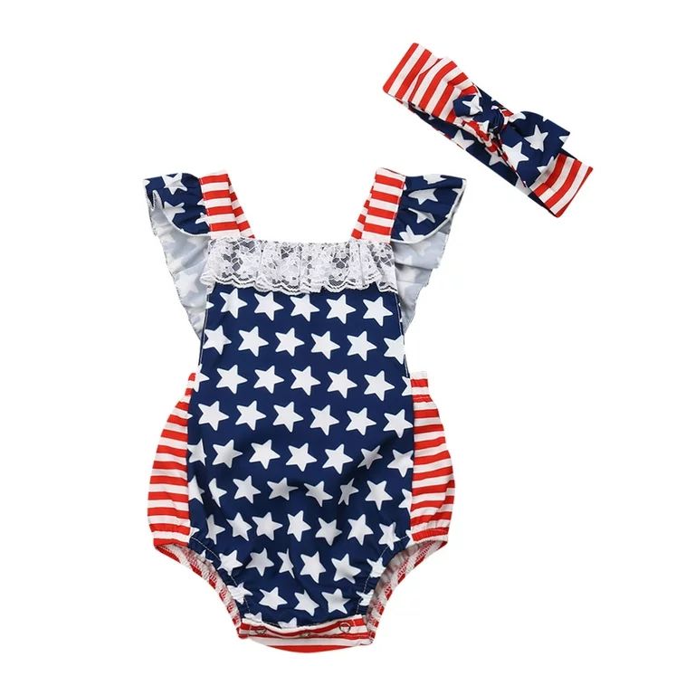 Infant Baby Girls 4th of July Sleeveless Backless Romper Bodysuit with Headband Baby Girls Bodysu... | Walmart (US)