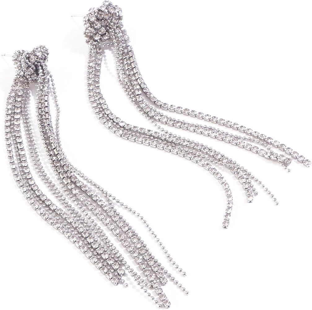 Women's Sparkly Rhinestone Long Fringe Dangle Earrings | Amazon (US)