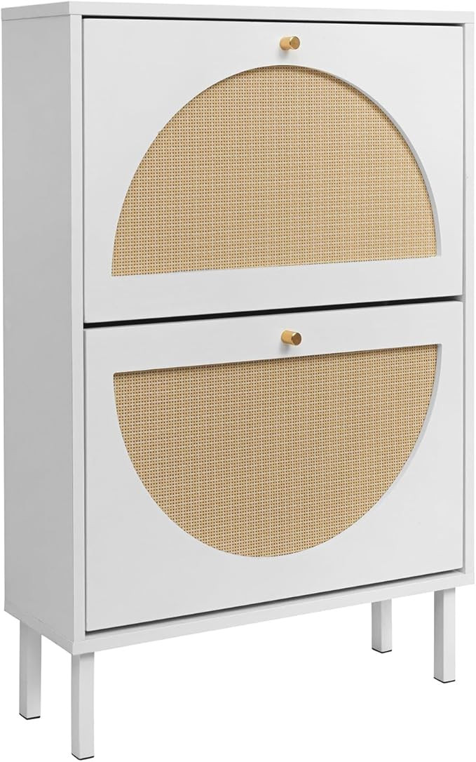 ZeHuoGe Rattan Shoe Cabinet with 2 Flip Drawers, White Shoe Shelf Organizer with Circle Rattan Do... | Amazon (US)