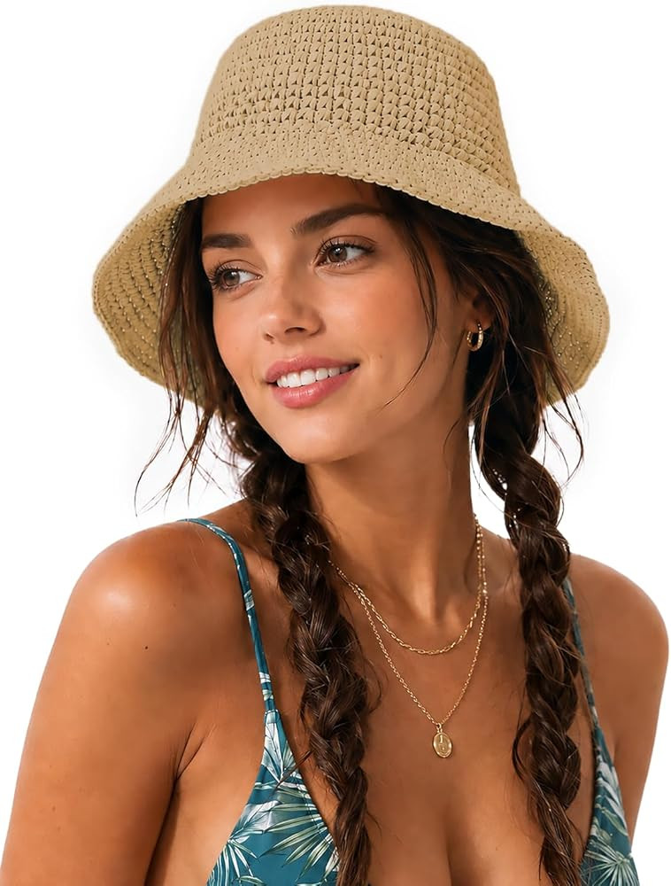 Zylioo XL Straw Bucket Hats,Large Summer Travel Hats,S M Shapeable Wide Brim UPF 50 Beach Sun Hat... | Amazon (US)
