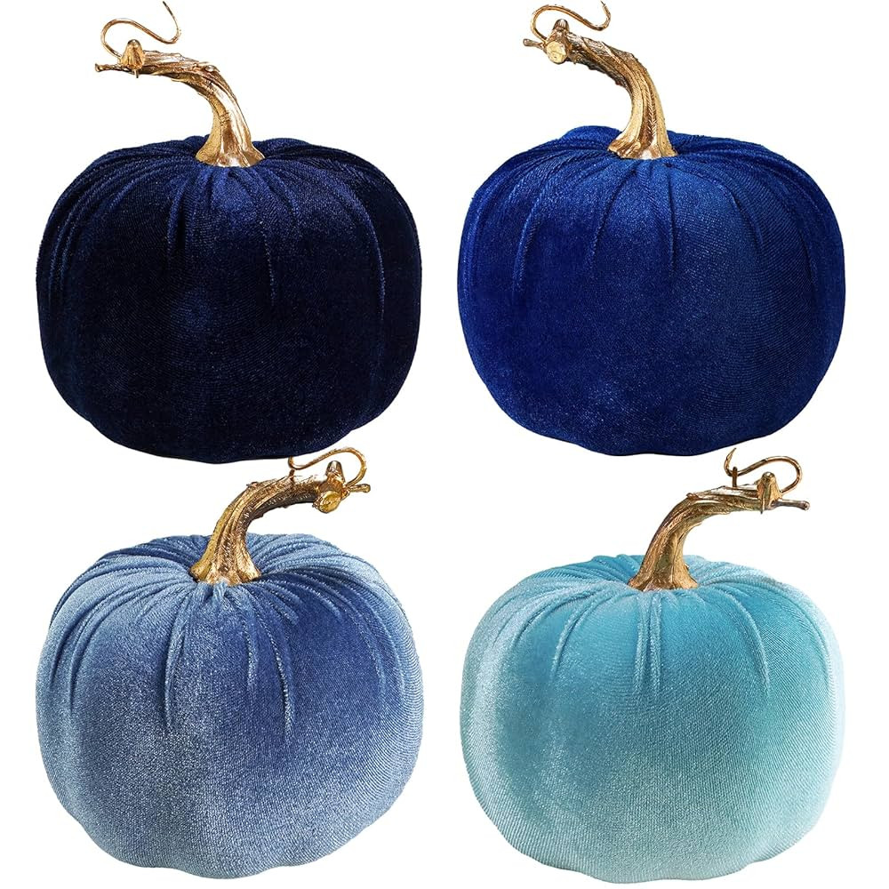 Winlyn 4 Pcs Assorted Blue Faux Velvet Pumpkins Decorative Harvest Pumpkins Fabric Foam Pumpkins ... | Amazon (US)