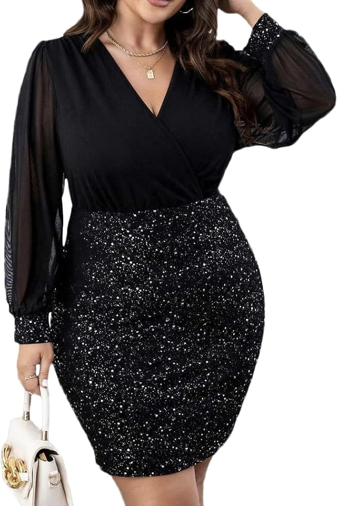 RED DOT BOUTIQUE - 807 - Black Sheer Mesh Long Sleeves Club Sequins Dress Plus Size | Amazon (US)