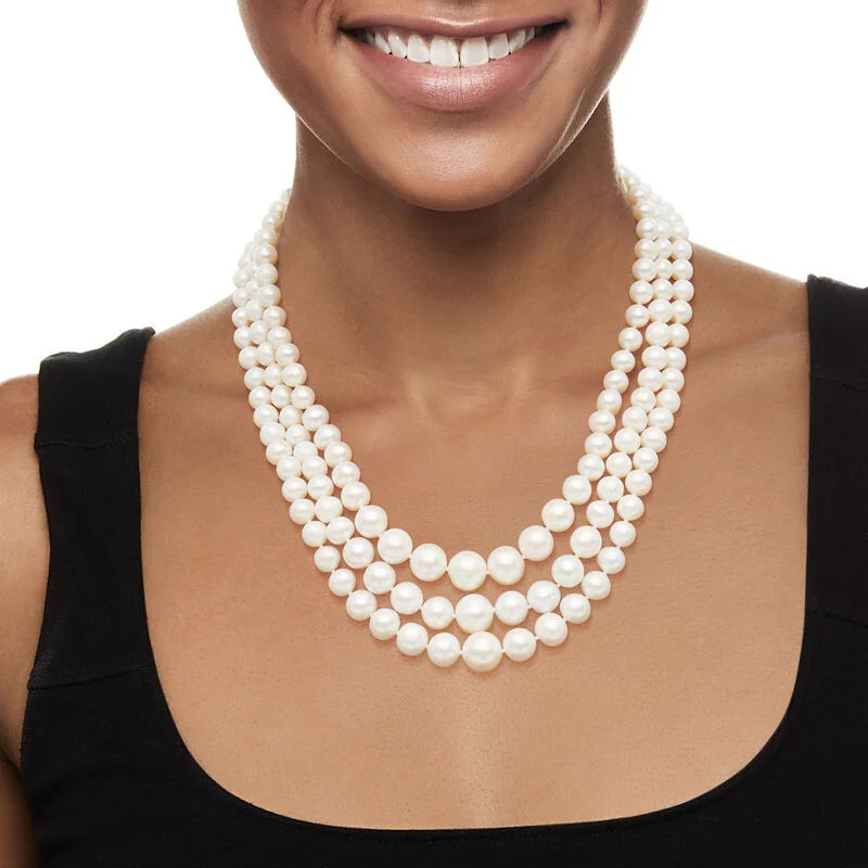 6-11.5mm Cultured Pearl Graduated Three-Strand Necklace with 14kt Yellow Gold | Ross-Simons