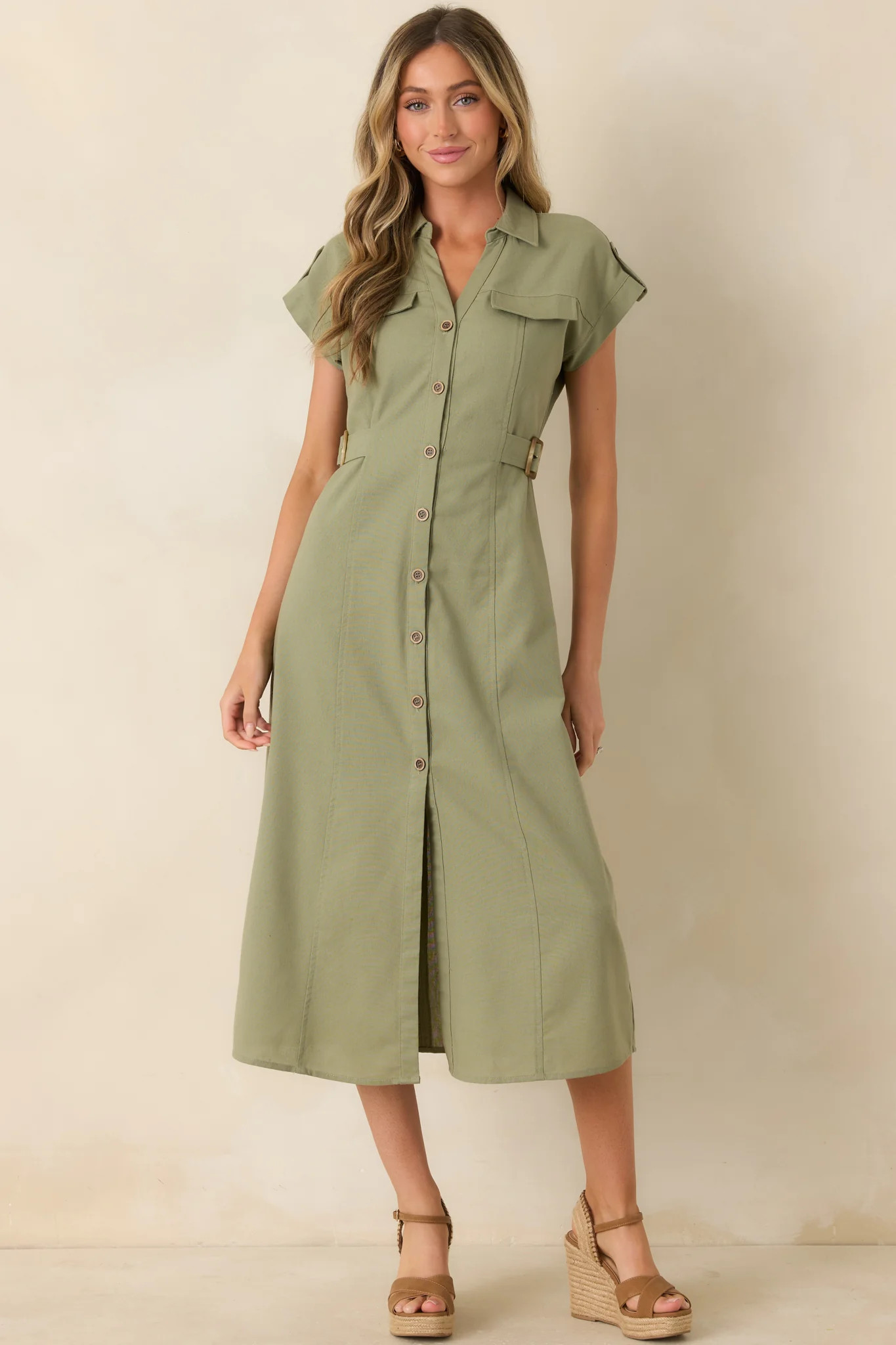 Easy Authority Sage Green Button Front Utility Midi Dress | Red Dress