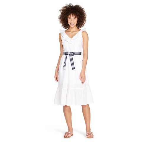 Women's Sleeveless Ruffle Tie Waisted Midi V-Neck Dress - White - vineyard vines® for Target | Target