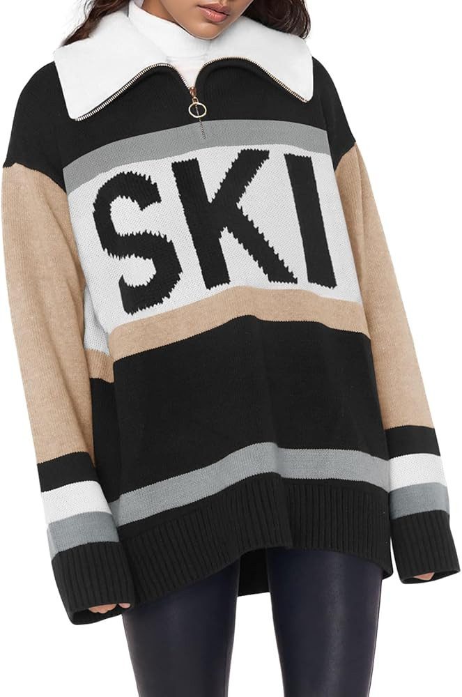Womens Sweaters Trendy Long Sleeve 1/4 Zip Pullover Polo V Neck Dressy Casual Color Block Ski Kni... | Amazon (US)