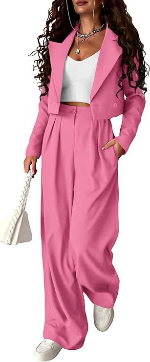 PRETTYGARDEN Women's 2 Piece Casual Outfits Cropped Blazer Jackets High Waisted Wide Leg Work Pan... | Amazon (US)