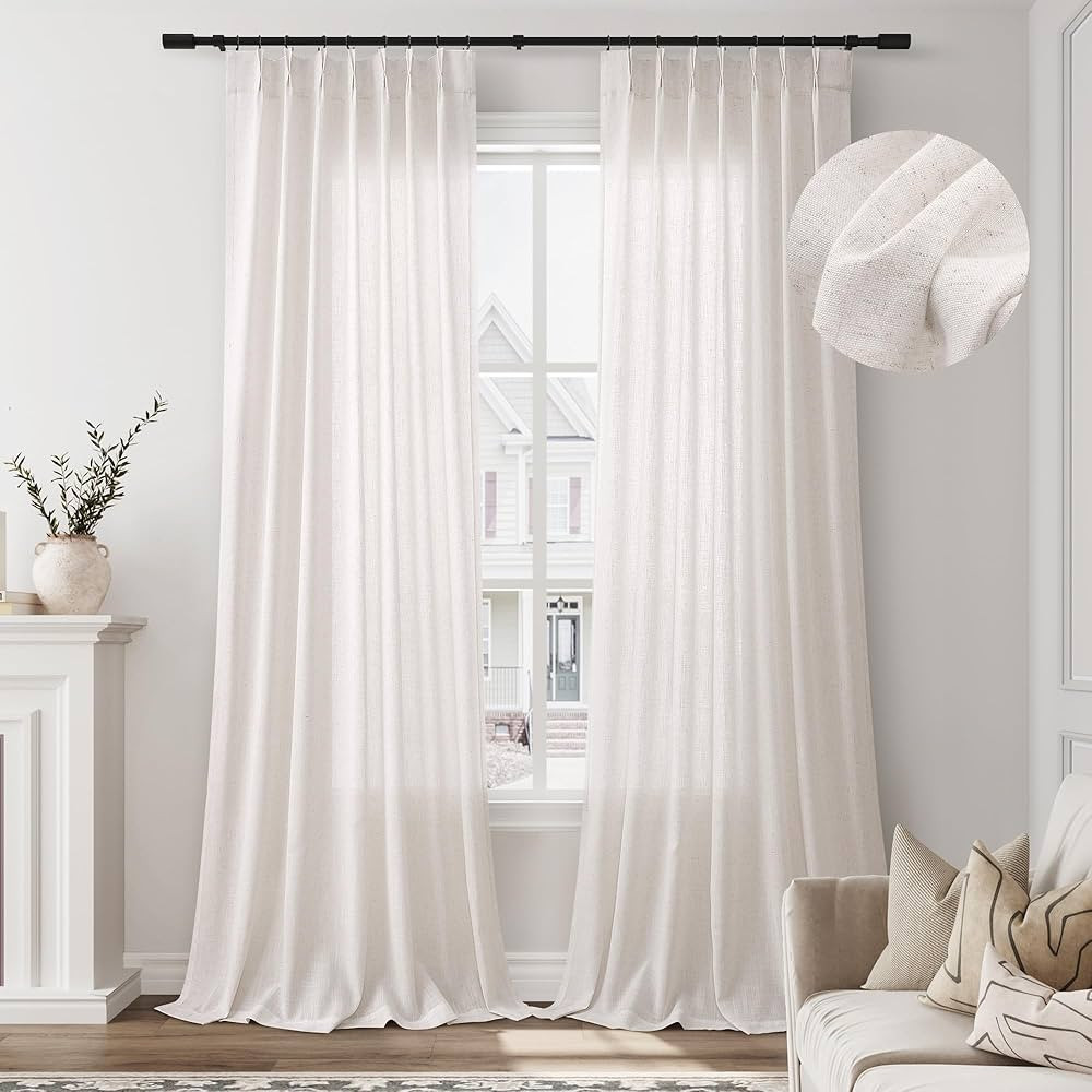 Natural Cream Linen Semi Sheer Curtains Pinch Pleated Drapes 96 Inches Long for Living Room Bedro... | Amazon (US)