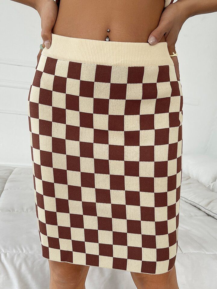 SHEIN EZwear Checker Pattern Knit Skirt | SHEIN