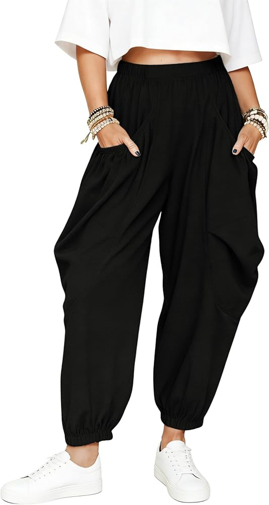 Himosyber Women's Baggy Harem Pants Casual Loose Elastic High Waist Lounge Sweatpants Comfy Jogge... | Amazon (US)