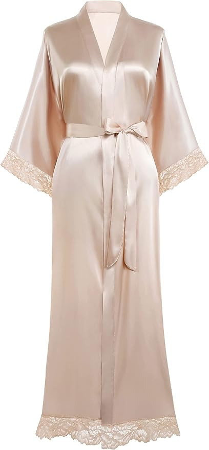BABEYOND Satin Kimono Robe Silky Long Bridesmaid Wedding Lightweight Bath Robe with Lace Trim | Amazon (US)