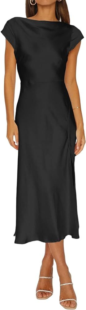 Rooscier Women's Satin Cap Sleeve Split Side Backless Cutout Twist Back Midi Dress | Amazon (US)