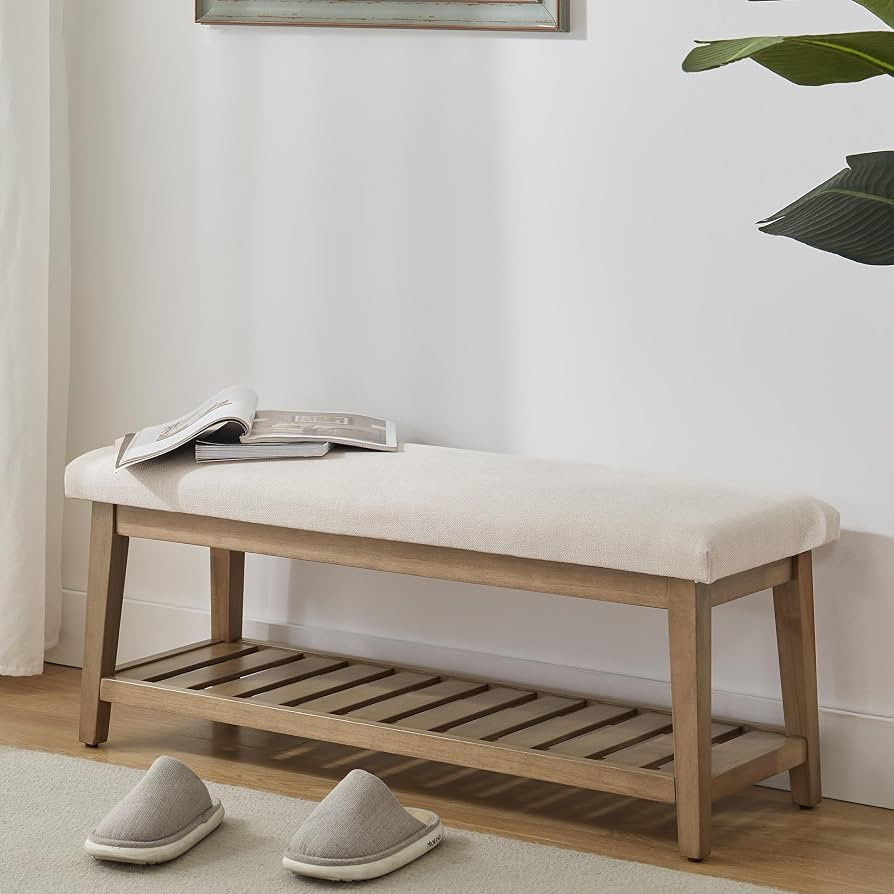 Zihanhome Entryway Bench, Chenille Upholstered Shoe Benches for Bedroom, Ottoman Bench with Solid... | Amazon (US)