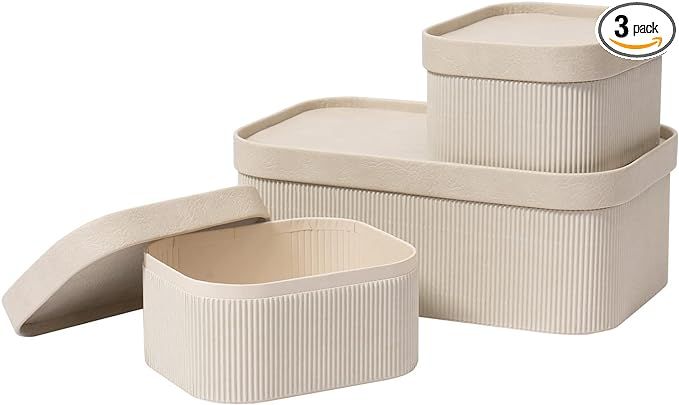 LA JOLIE MUSE Storage Basket Set of 3 with Leather Lids Fluted Cardboard - Light Grey | Amazon (US)