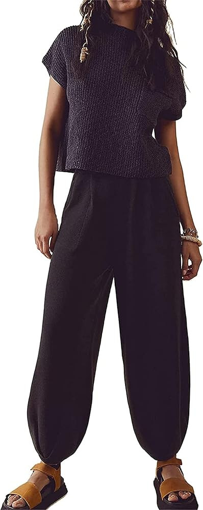 Yuemengxuan Women Two Pieces Outfits Set Knitted Sweater Sets Knit Pullover Vest Top High Waist P... | Amazon (US)