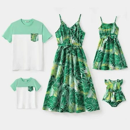PatPat Mommy and Me Family Matching Allover Green Plant Print Belted Cami Dresses and Short-sleeve C | Walmart (US)