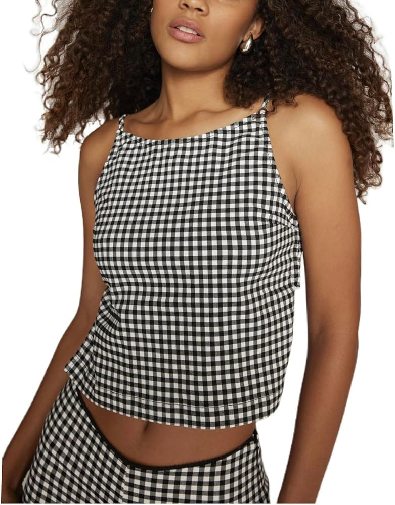 Women Y2K Printed Crop Top Square Neck Sleeveless Gingham Ruffle Runched Camisole Summer Backless... | Amazon (US)
