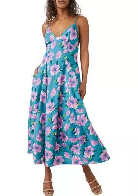 Free People Women's Finer Things Printed Midi Dress, Teal, Small | Belk