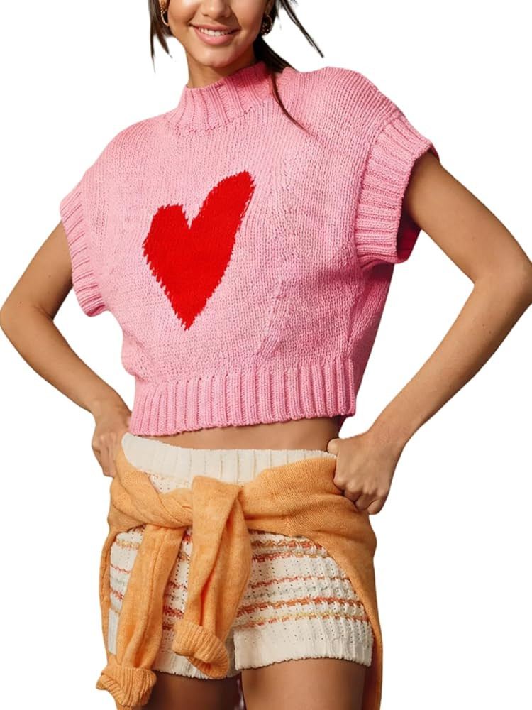 Red Heart Sweater Vests for Women Cute Mock Neck Short Cap Sleeve Cropped Sweaters Valentines Day... | Amazon (US)