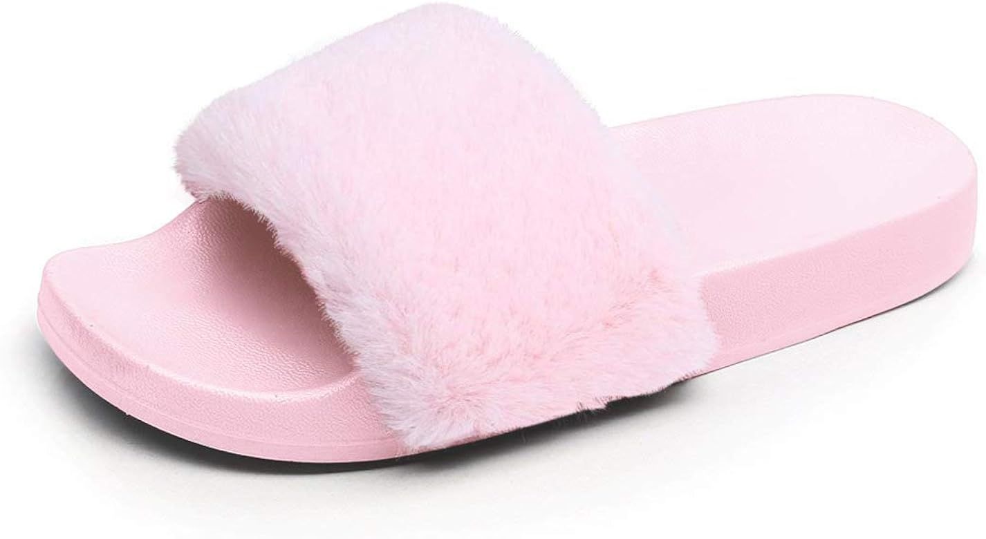 Women's Flip Flop Faux Fur Slipper Fuzzy Fluffy Comfy Sliders Open Toe Slip on | Amazon (US)