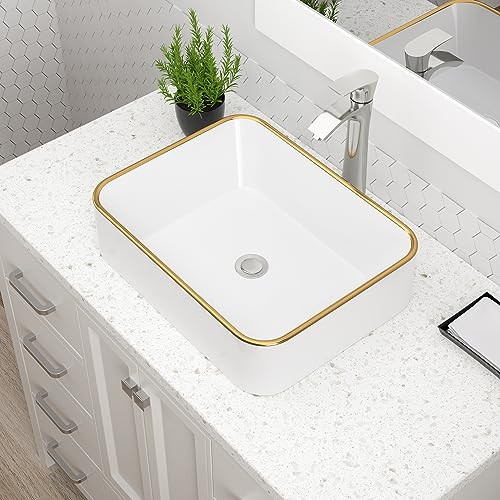 Dcolora Vessel Sink Rectangular 19"x15" White Vessel Sink with Glod Rim Ceramic Porcelain Rectang... | Amazon (US)